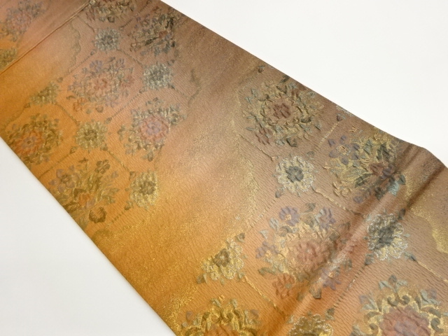 ふくれ織格子に花々模様織出し袋帯